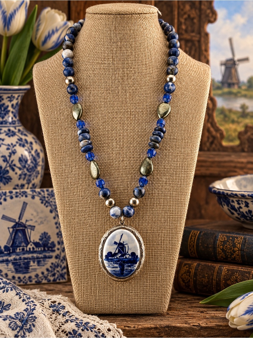 Blue Delft Locket, Sodalite & Pyrite Necklace 20” • Toggle Clasp